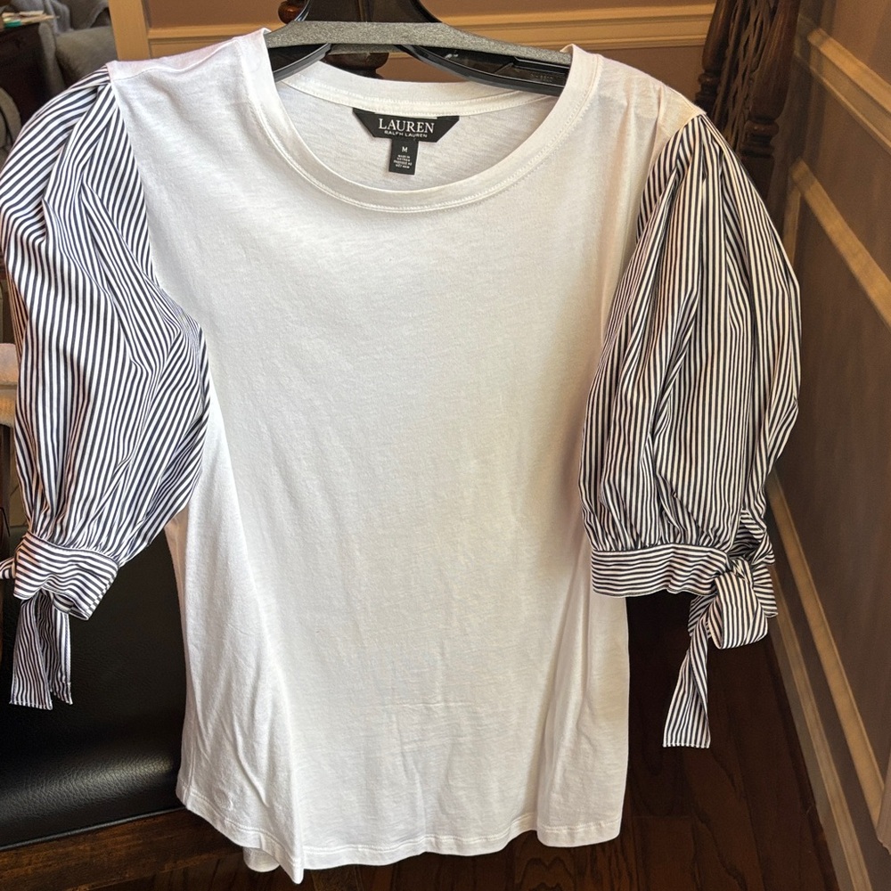 Ralph Lauren White Top with Black Striped Puff Sleeves